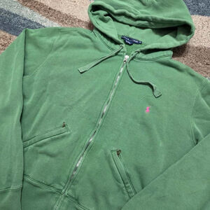 Ralph Lauren Women’s Green Full Zip Hoodie Pink Pony Logo XL Hong Kong Vintage
